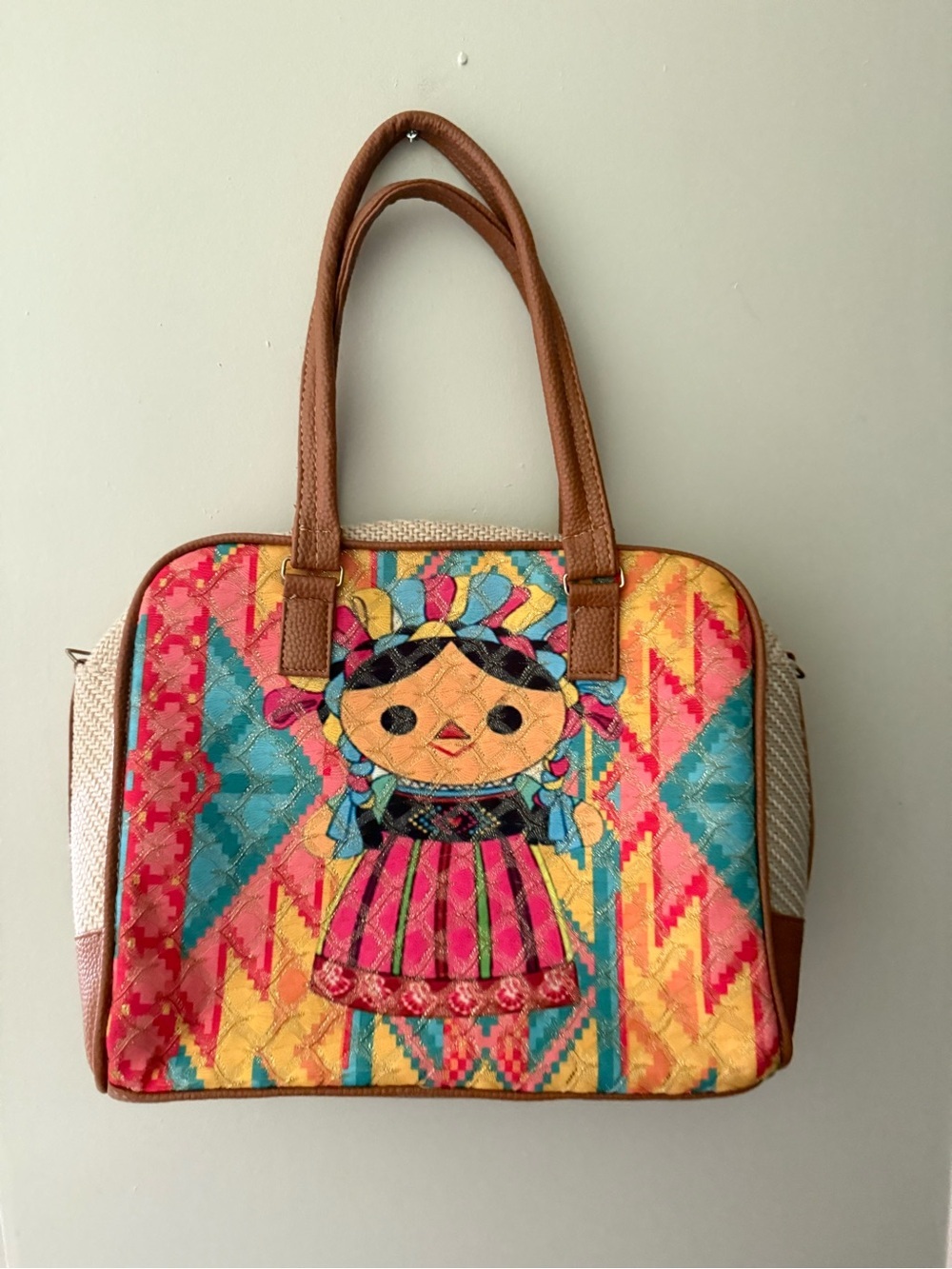 Frida Kahlo Colorful Hand-Embroidered Doll Tote Bag - Pink, Turquoise & Yellow